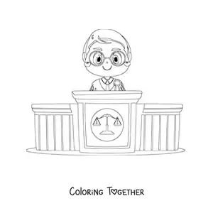 Coloring page of a kawaii cartoon judge on the bench
