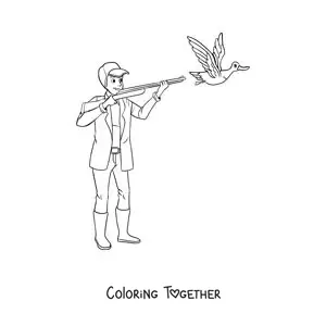 Coloring page of a man hunting a duck