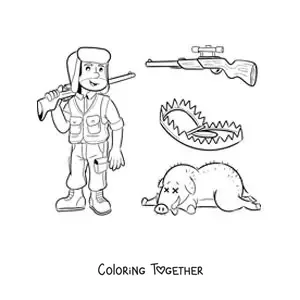 Coloring page of a wild boar hunter with traps and a weapon