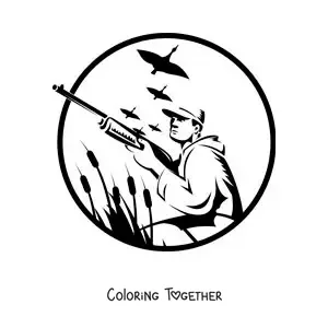 Coloring page of a silhouette of a man hunting ducks