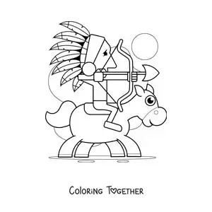 Coloring page of a Native American on horseback hunting with a bow