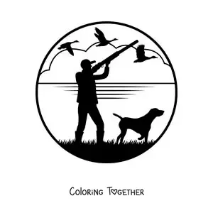 Coloring page of a silhouette of a duck hunter with his dog