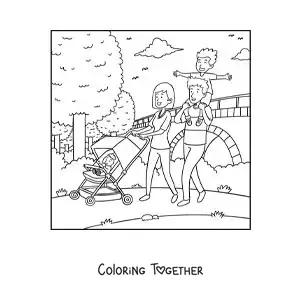 Coloring page of a family taking a walk in the park
