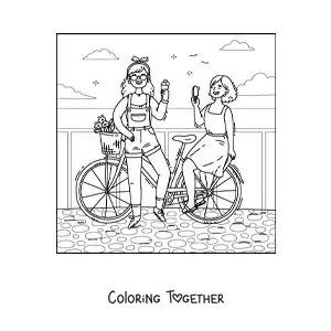Coloring page of two friends eating ice cream on a bike ride