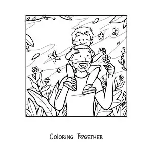 Coloring page of a father walking through the park with his son on his shoulders