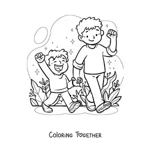 Coloring page of a boy and his little brother walking hand in hand through the park