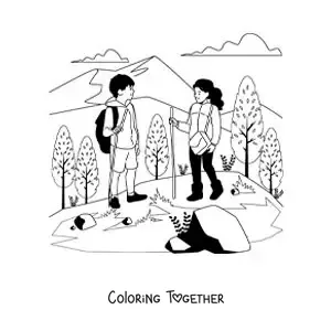 Coloring page of a couple hiking in the mountains