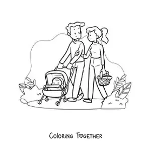 Coloring page of a couple taking a walk in the park with their baby