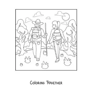 Coloring page of a couple hiking
