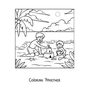 Coloring page of a father building a sandcastle with his son at the beach
