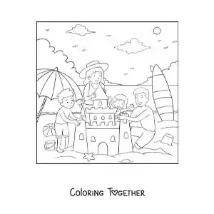 Coloring page of a family building a sandcastle at the beach