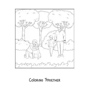 Coloring page of a father and his son taking a walk in the park