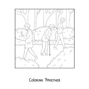 Coloring page of people strolling in the park