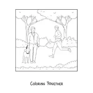 Coloring page of a boy jogging and a man walking his dog in the park