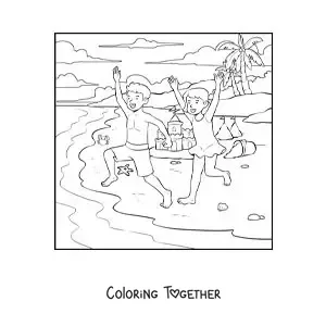 Coloring page of a girl and her brother strolling on the beach