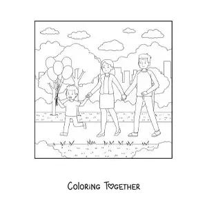 Coloring page of a family walking in the park with their little child holding balloons