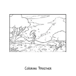Coloring page of a girl strolling in the park with a parasol in autumn