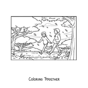 Coloring page of a young couple strolling in the park in autumn