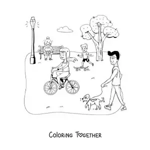Coloring page of people of all ages strolling in the park