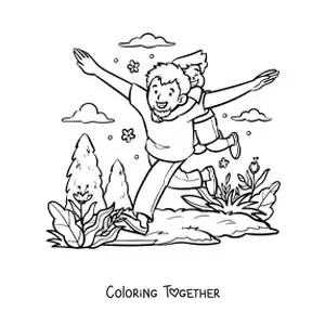 Coloring page of a father playing with his son in the park