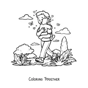 Coloring page of a father carrying his daughter in the park