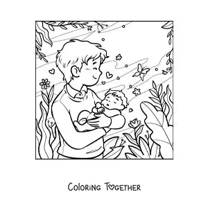 Coloring page of a father carrying his baby in the park