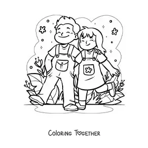 Coloring page of a couple strolling in the park