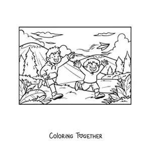 Coloring page of two siblings running in the park