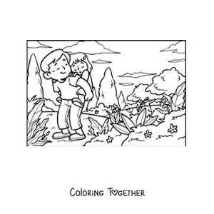 Coloring page of a father carrying his daughter on a hiking trail