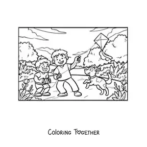 Coloring page of two siblings flying a kite with their dog in the park