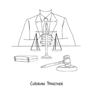 Coloring page of the upper body of a lawyer in front of a set of scales and a gavel