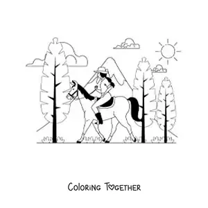 Coloring page of a girl on a horseback ride through the forest