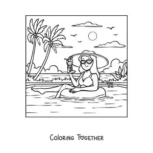 Coloring page of a girl with a holiday hat in a swimming pool