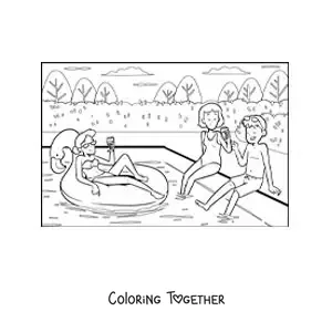 Coloring page of a group of young friends at a pool party
