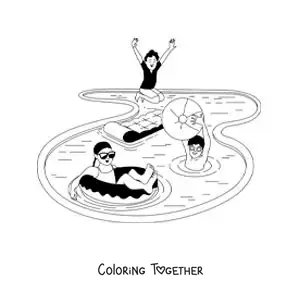 Coloring page of children playing in a swimming pool