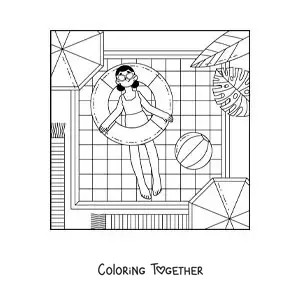 Coloring page of a girl on holiday floating in a swimming pool