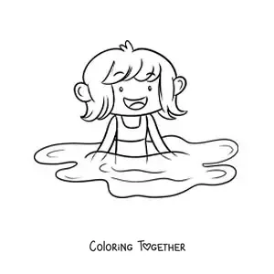 Coloring page of a little girl in a swimming pool