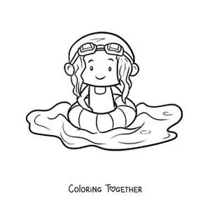 Coloring page of a girl with a float and swimming goggles in a pool