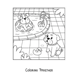 Coloring page of cartoon dogs in a swimming pool