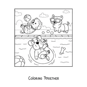Coloring page of cartoon dogs at a pool party
