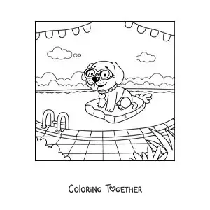 Coloring page of a cartoon dog with a float and goggles in a pool
