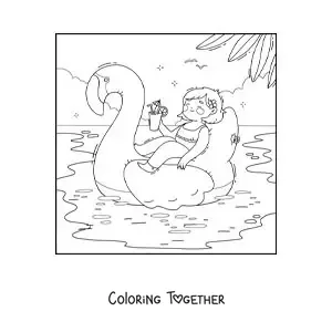 Coloring page of a girl on holiday on a flamingo float in the pool