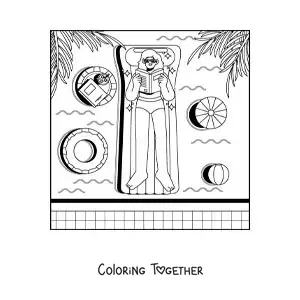 Coloring page of a girl on vacation reading by a swimming pool