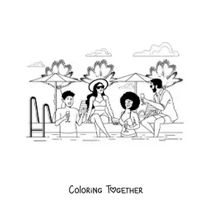 Coloring page of a group of adult friends at a summer pool party