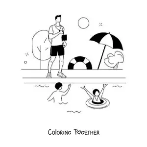 Coloring page of a public swimming pool with its lifeguard