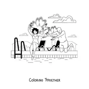 Coloring page of a girl and a man jumping into the water in a pool