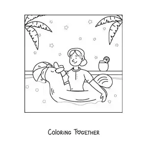 Coloring page of a girl with a unicorn float in a swimming pool