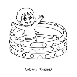 Coloring page of a boy in an inflatable pool