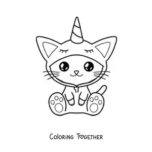 Coloring page of a kawaii cat dressed as a unicorn