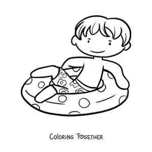 Coloring page of a boy floating in a swimming pool